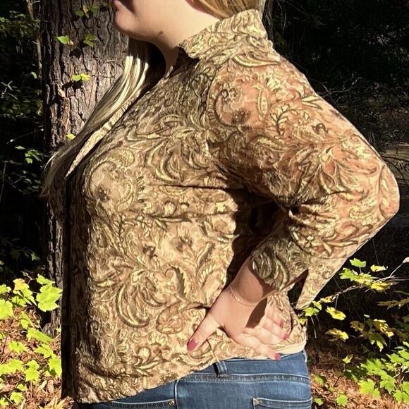 Casual Corner Annex Y2K 90s Green Brown Paisley Mesh Lace Button Down Top Size X - Picture 4 of 10